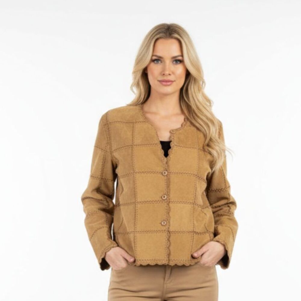 100% Leather Button Close Patchwork Crochet Long Sleeve Jacket 2X NEW